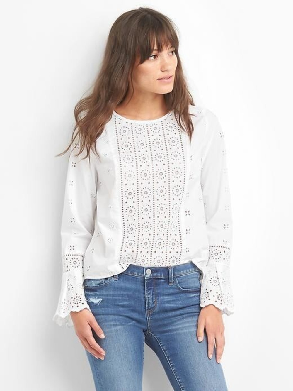 NEW GAP Cotton Eyelet Lace Bell-Sleeve Peasant Top White Size S